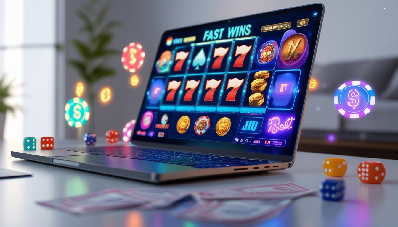 Seorang pemain menggunakan laptop dengan layar menampilkan permainan judi online dengan simbol jackpot dan mesin slot berwarna cerah.