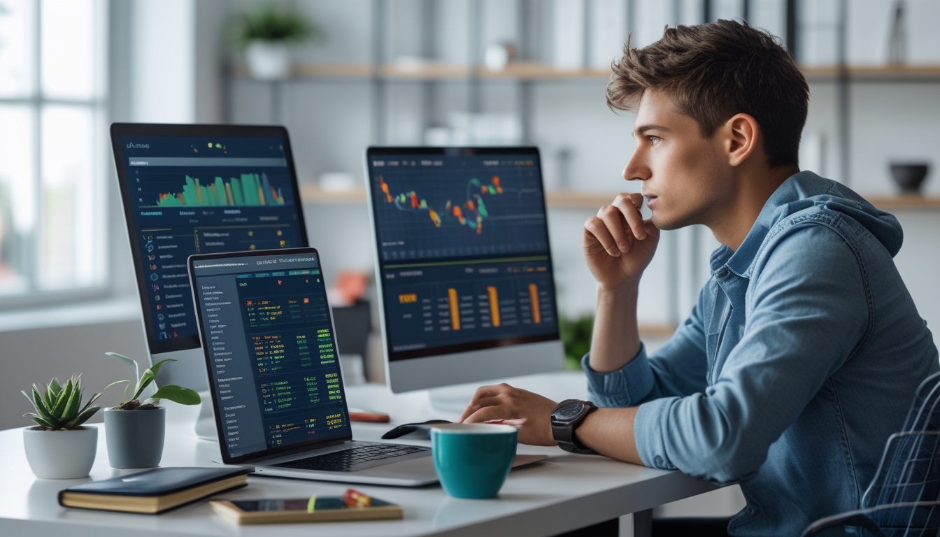 Seorang dewasa muda duduk di meja dengan laptop dan smartphone, fokus menganalisis data terkait judi online dan pengelolaan modal.