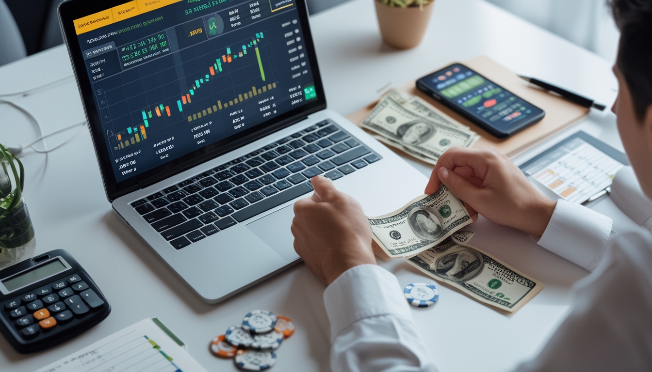 Meja kerja modern dengan laptop menampilkan platform judi online, tangan mengelola chip poker dan uang, serta alat tulis dan ponsel di sekitar.