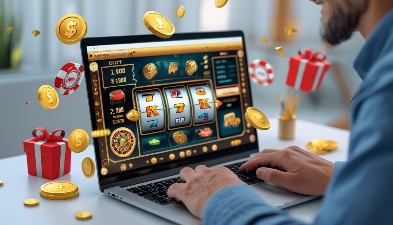 Seorang pemain dewasa menggunakan laptop dengan tampilan platform judi online yang menampilkan ikon mesin slot, roda roulette, dan kartu bermain, di ruang kerja yang terang dan nyaman.