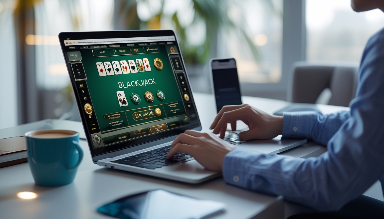 Seseorang sedang bermain blackjack online di depan layar komputer di meja kerja yang rapi.