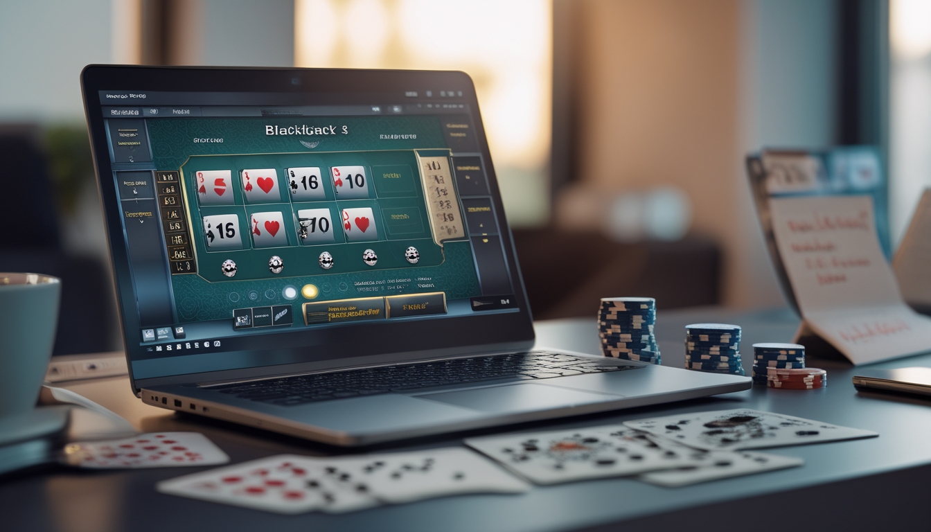 Seorang pria duduk di depan laptop dengan permainan blackjack online di layar, di meja terdapat kartu remi dan chip poker.