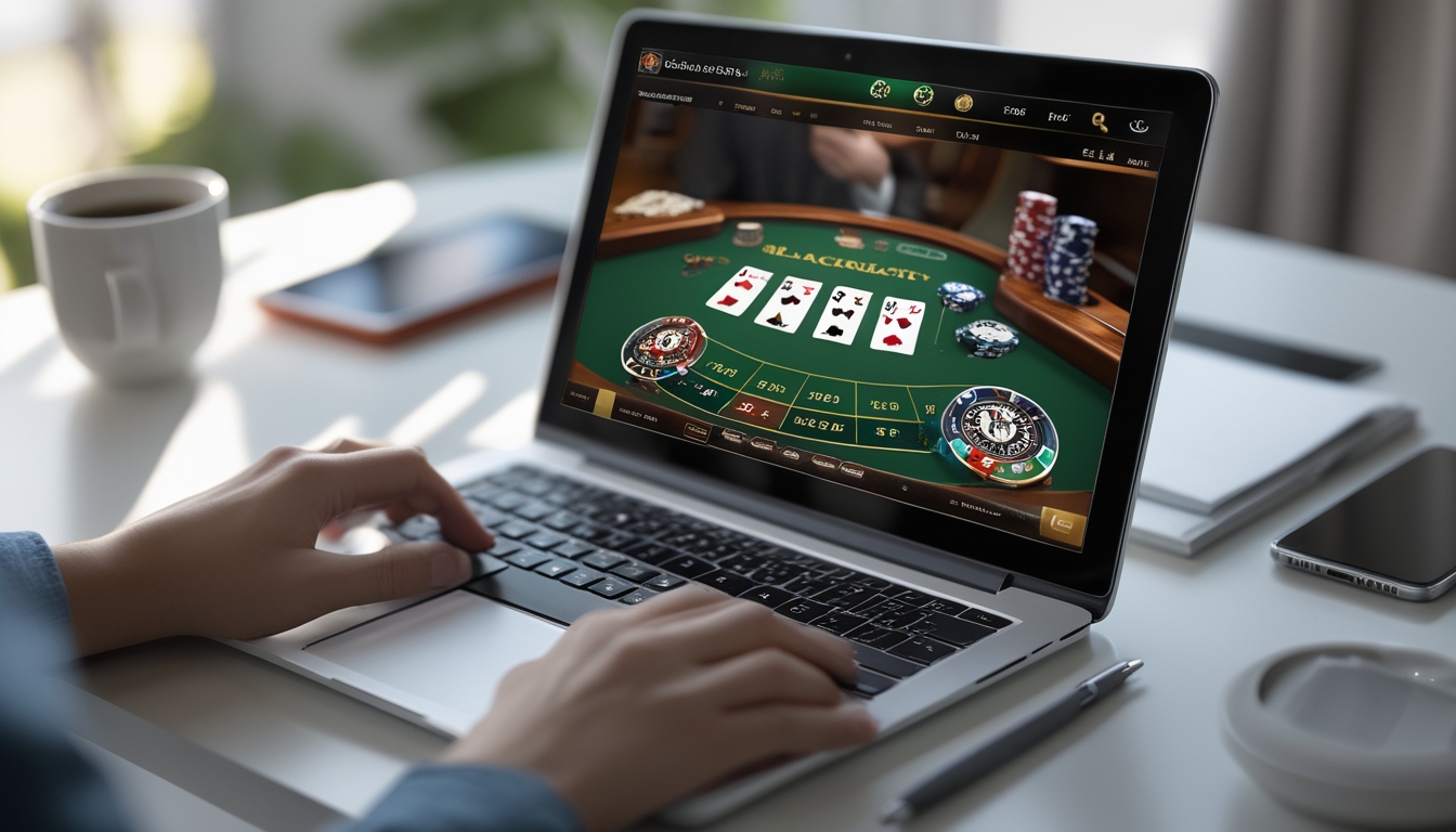 Seorang pemain sedang bermain blackjack online di laptop dengan meja permainan dan kartu terlihat di layar.