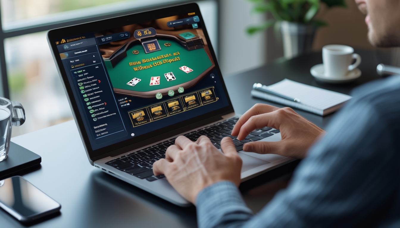 Seorang pemain menggunakan laptop untuk bermain blackjack online tanpa deposit di meja kerja dengan suasana santai.