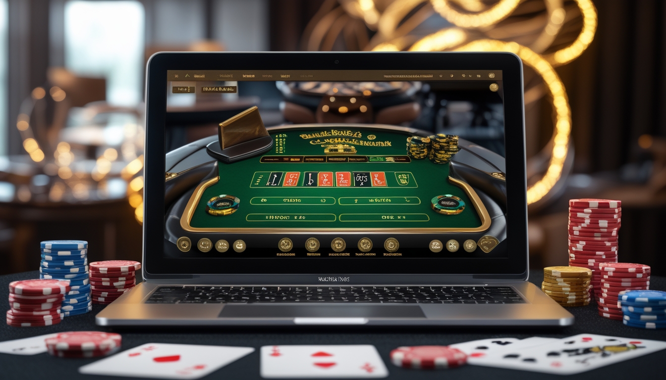 Seorang laptop menampilkan meja blackjack digital dengan kartu dan chip poker di sekitarnya dalam suasana ruang kerja yang rapi.