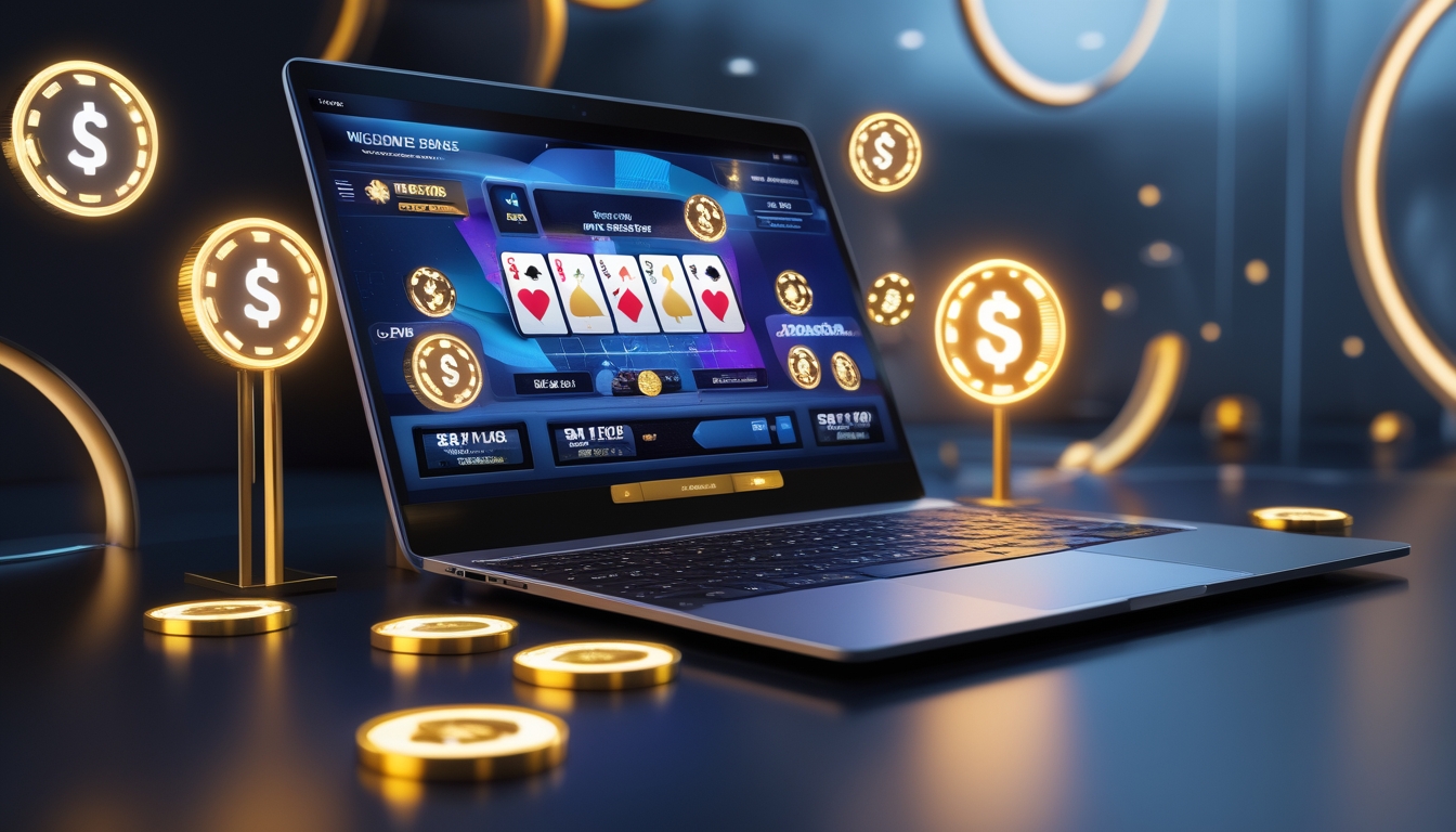 Seseorang bermain blackjack online di laptop dengan kartu dan chip terlihat, di latar belakang terdapat simbol bonus dan elemen teknologi.
