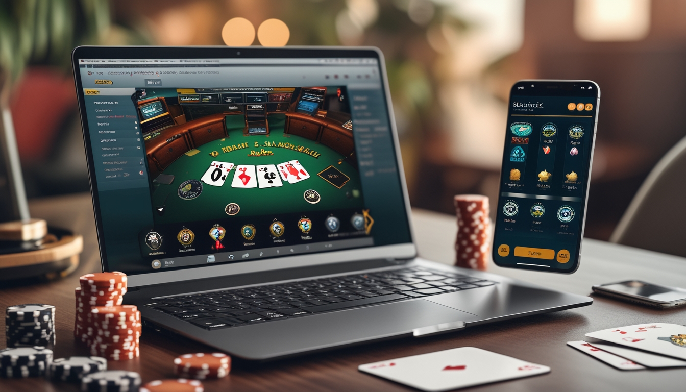Seorang pria bermain blackjack online di laptop dengan kartu dan chip poker di meja, di dalam ruangan yang nyaman.