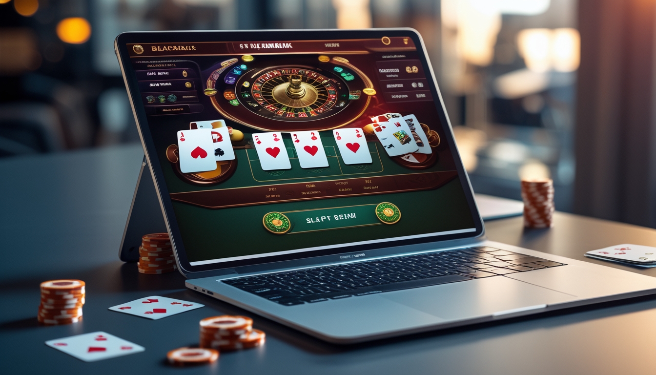 Sebuah laptop menampilkan permainan blackjack online dengan kartu dan chip di atas meja modern.