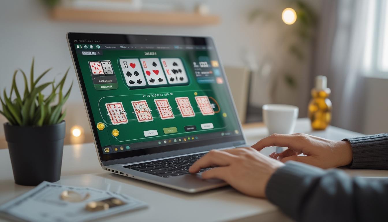 Seseorang bermain blackjack online di laptop di ruang kerja yang rapi dan terang.