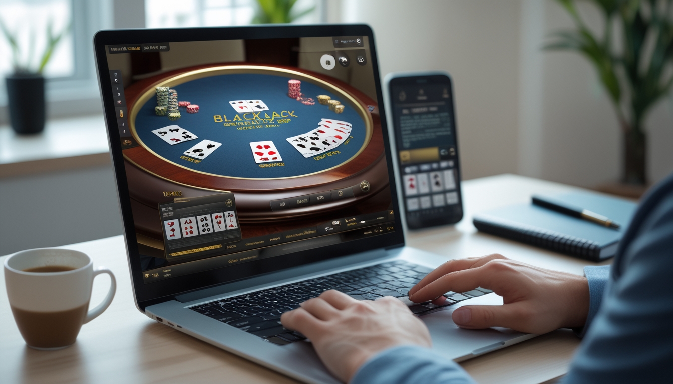 Seseorang sedang bermain blackjack online di depan komputer dengan kartu dan chip terlihat jelas di layar.