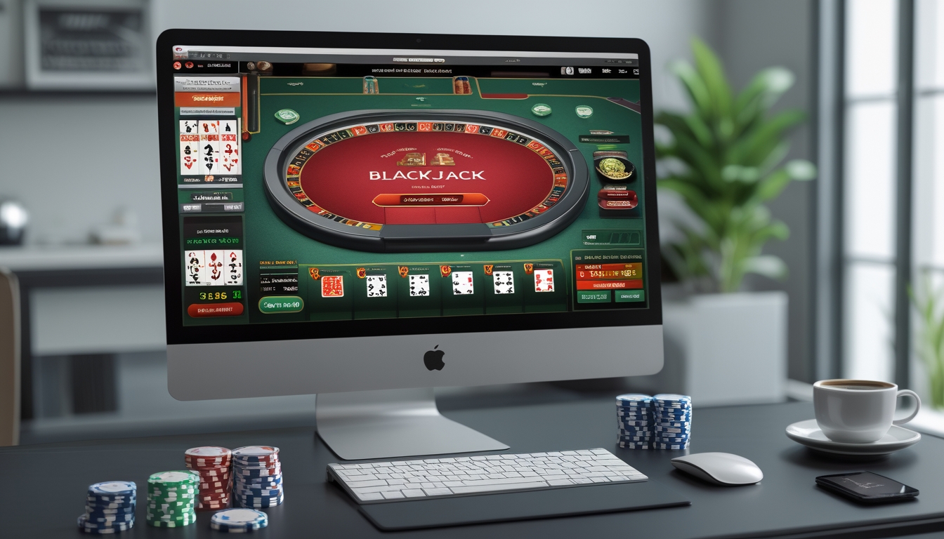 Seorang pemain menggunakan laptop untuk bermain blackjack online dengan tumpukan chip poker dan ponsel di meja.