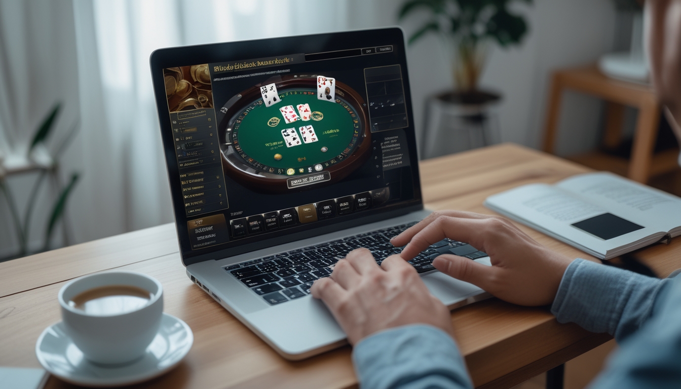 Seseorang bermain blackjack online di laptop di atas meja kayu dengan latar belakang ruangan yang nyaman.