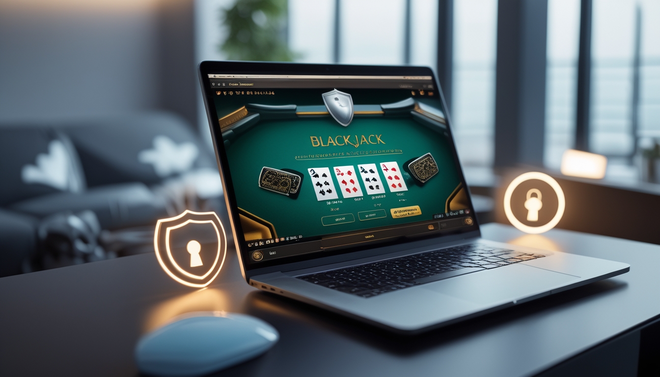 Sebuah laptop menampilkan permainan blackjack online dengan kartu dan chip, di sekitarnya terdapat simbol keamanan seperti ikon perisai, menunjukkan pengalaman bermain blackjack online yang aman dan lengkap.
