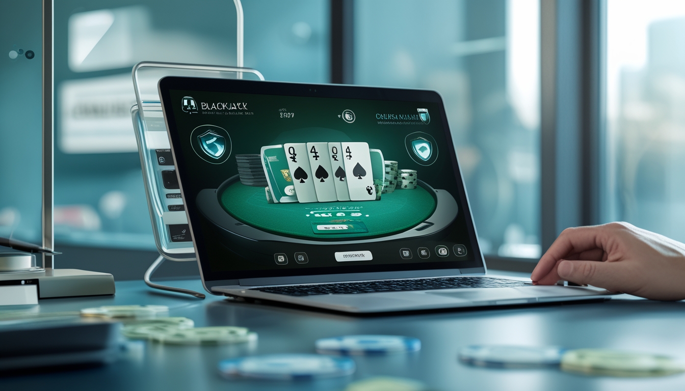 Tampilan meja blackjack online dengan kartu dan chip virtual, menunjukkan suasana permainan yang aman dan terpercaya.