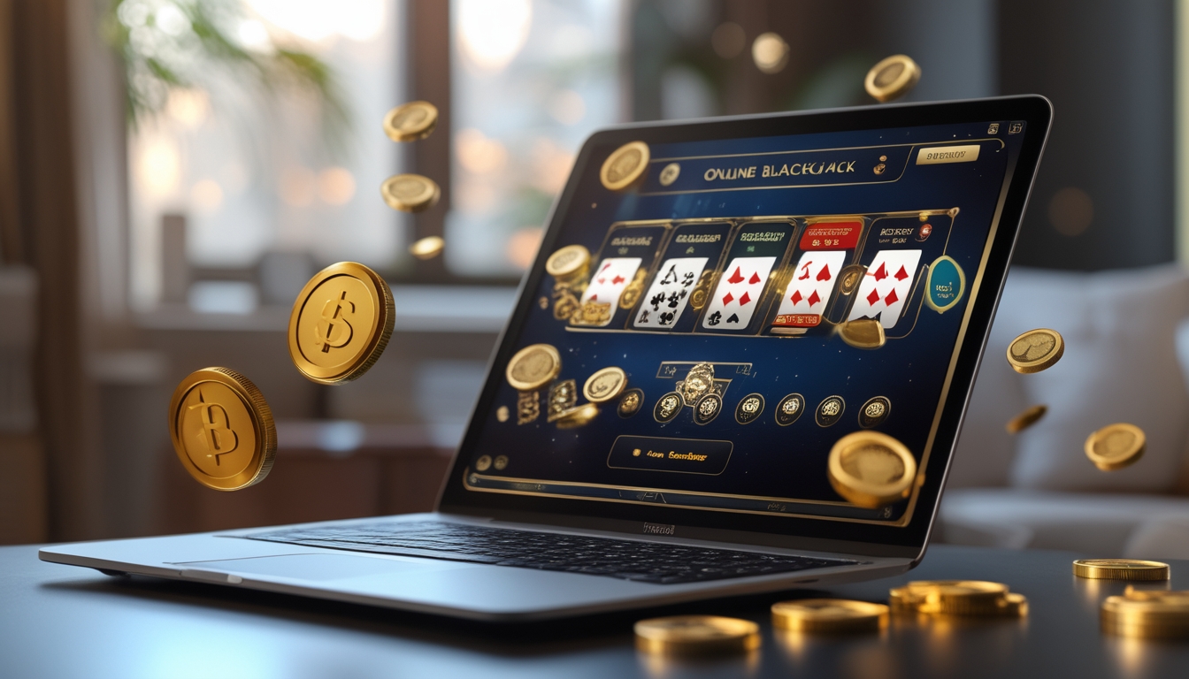 Sebuah perangkat modern menampilkan permainan blackjack online dengan kartu dan chip di atas meja dalam suasana ruangan yang nyaman.