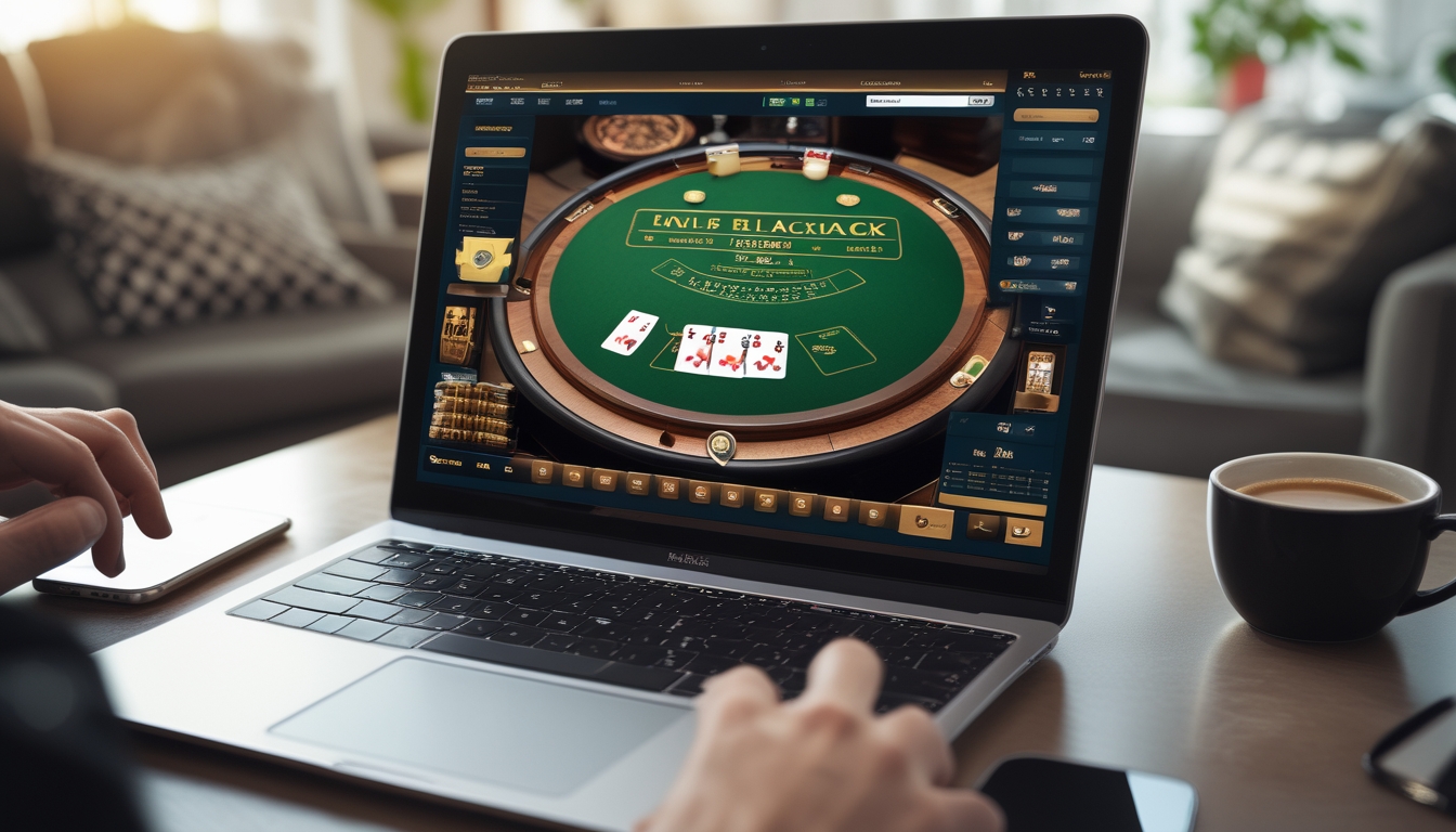 Layar komputer menampilkan permainan blackjack online dengan kartu dan chip, di meja hijau, di lingkungan rumah yang nyaman.