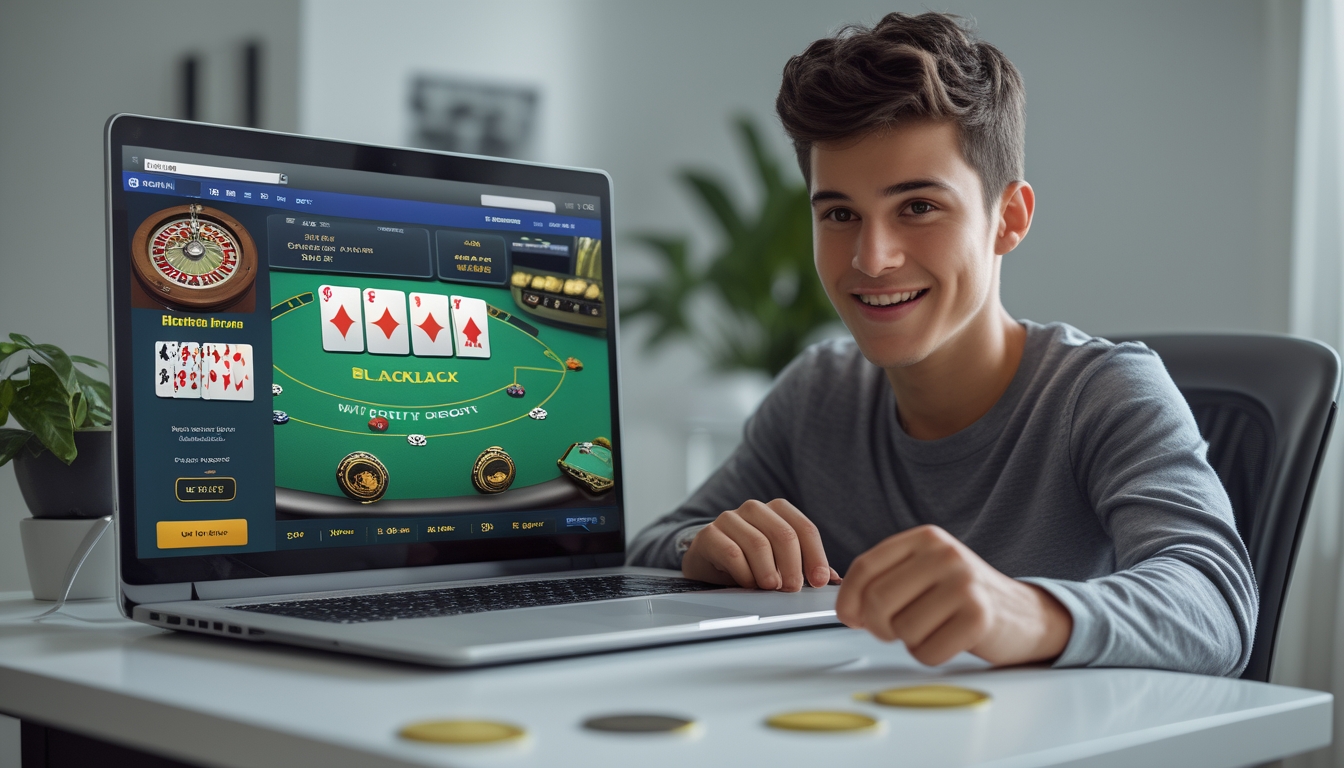 Seorang pemain muda duduk di depan laptop yang menampilkan permainan blackjack online dengan kartu dan chip, di meja yang rapi dalam ruangan yang nyaman.