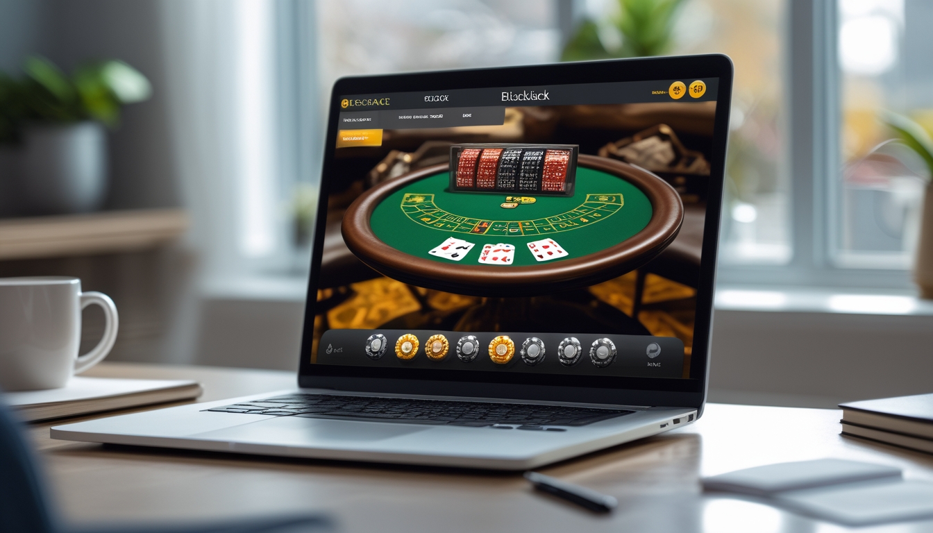 Seorang pemain sedang menggunakan komputer dengan tampilan permainan blackjack online di layar, di meja terdapat cangkir kopi dan ponsel.