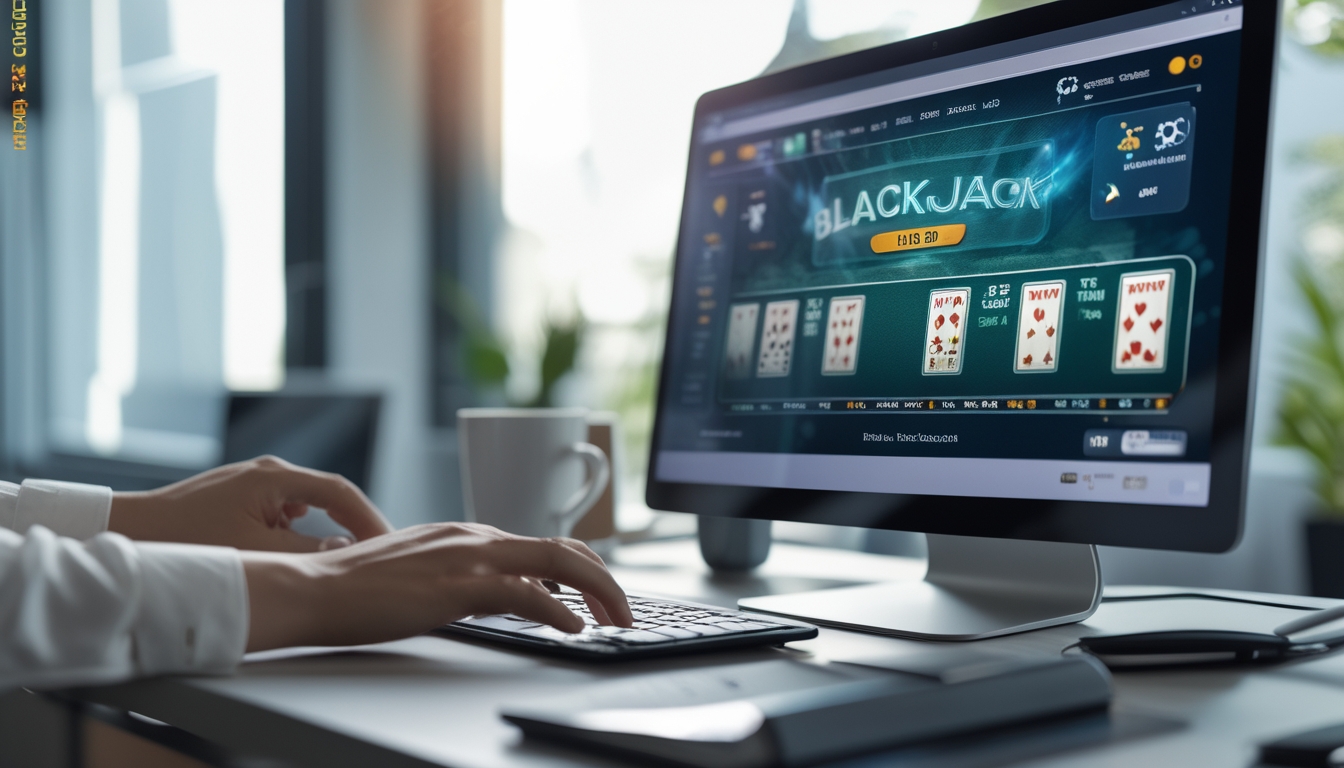 Seseorang sedang bermain blackjack online di komputer di meja kerja dengan suasana terang dan nyaman.