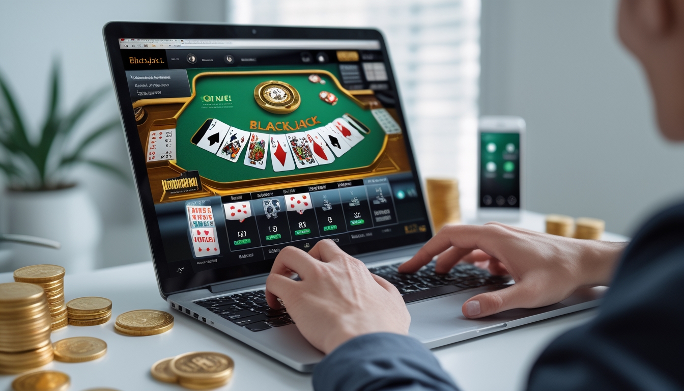 Seseorang bermain blackjack online di depan laptop dengan kartu dan chip terlihat jelas di layar.