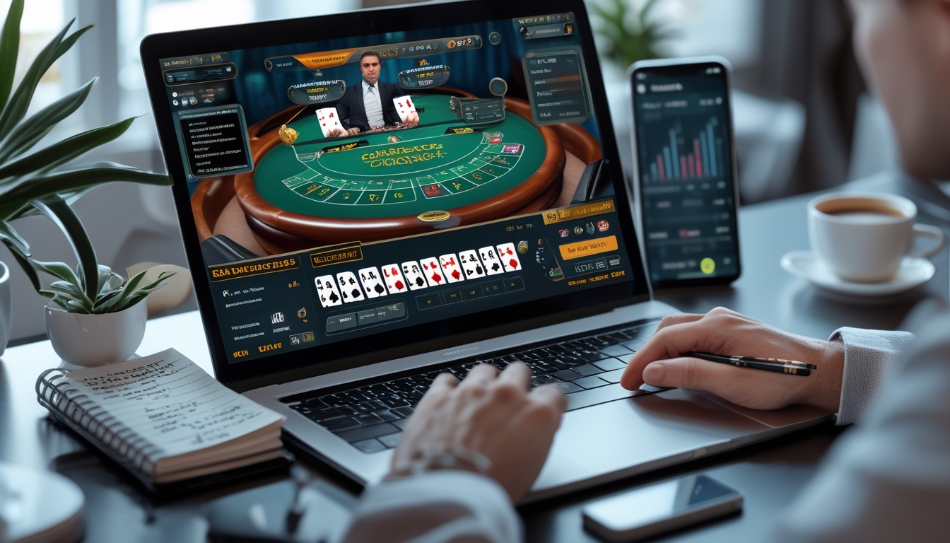 Seorang pemain sedang menggunakan komputer dengan permainan blackjack online di layar dan alat tulis di meja.
