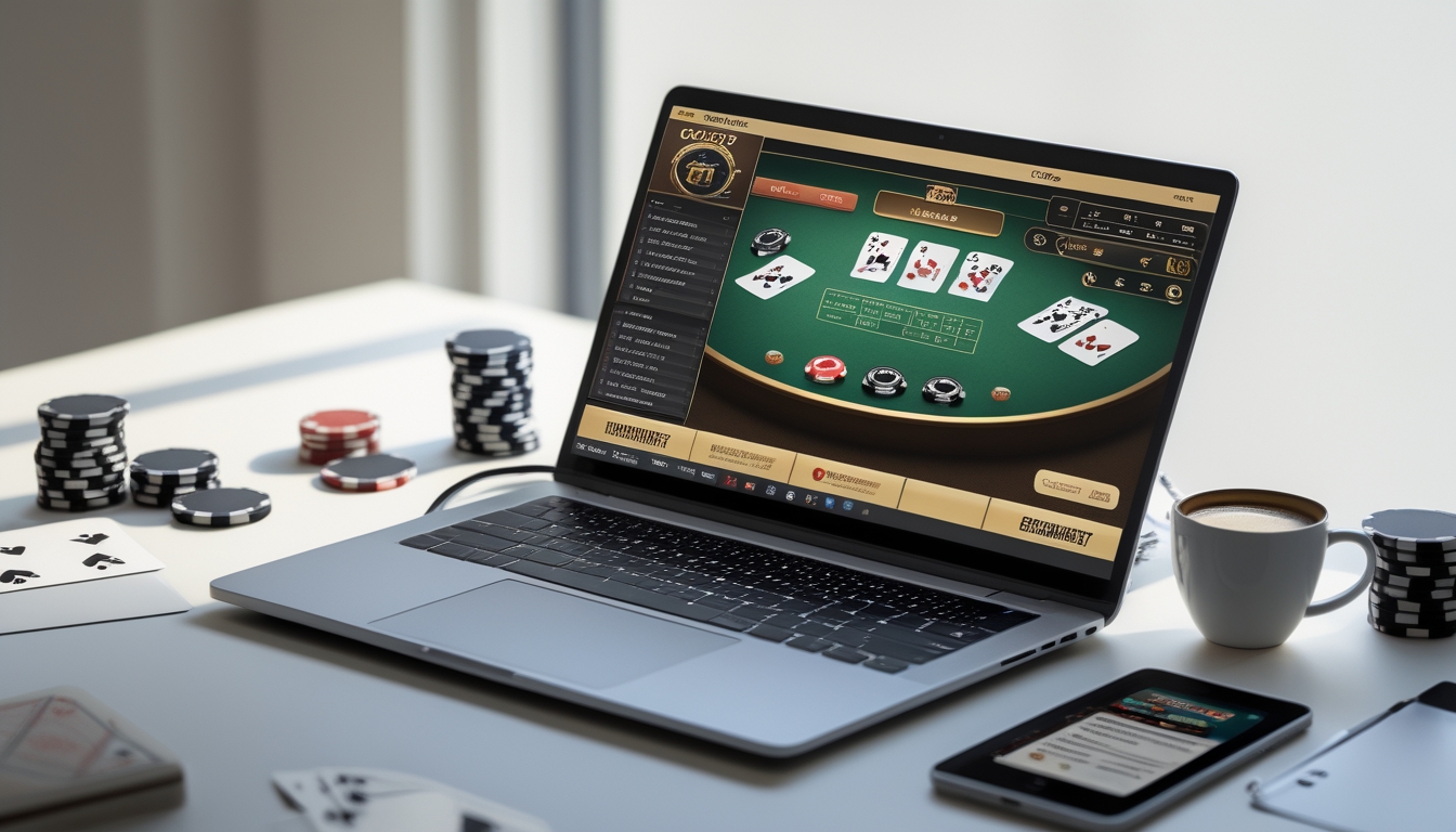Seseorang sedang bermain blackjack online di komputer dengan kartu dan chip poker di meja, di ruang kerja yang rapi dan terang.