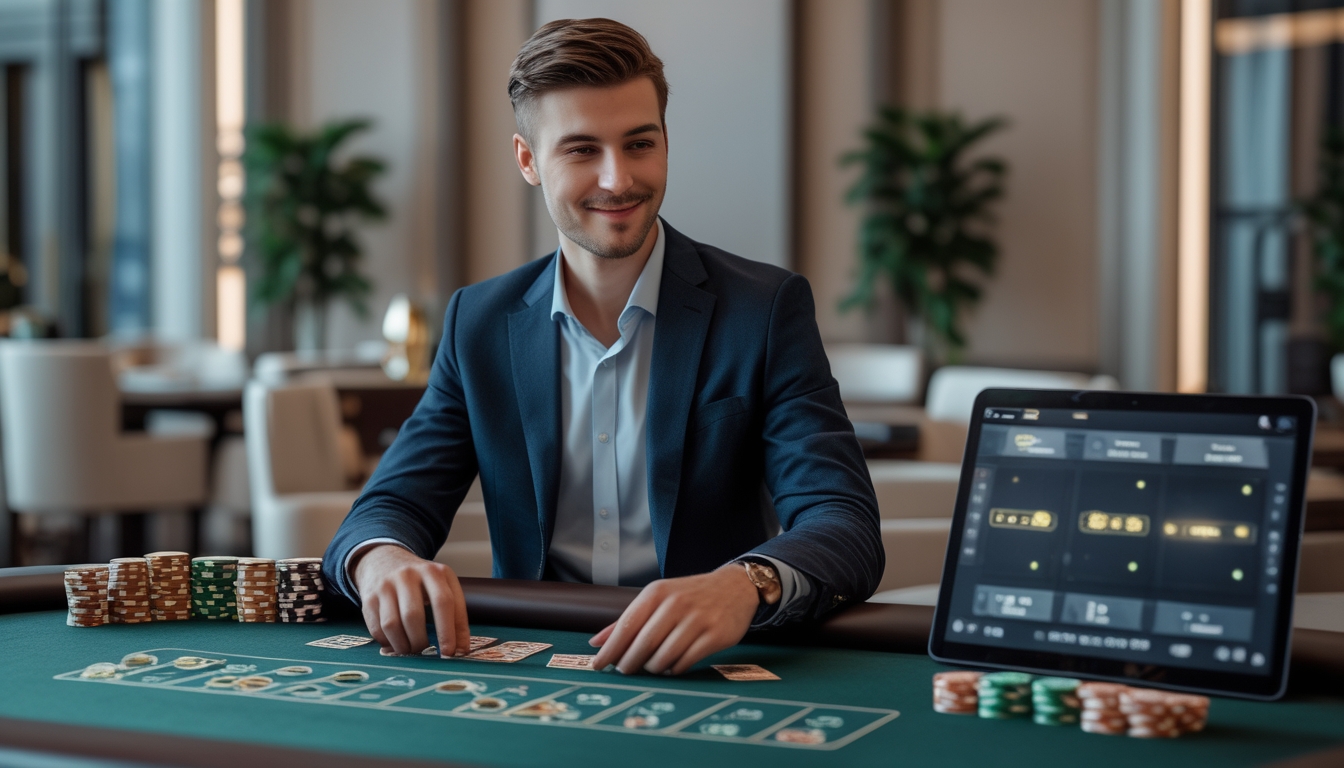 Seorang pria muda duduk di meja kasino dengan kartu baccarat dan chip, sambil melihat layar perangkat digital yang menampilkan permainan baccarat.