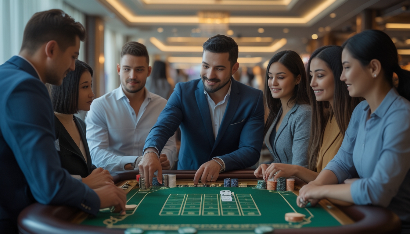 Sejumlah pemain baru sedang belajar permainan baccarat dengan seorang dealer di meja kasino yang terang dan modern.