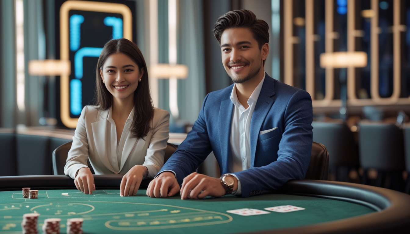 Seorang pria dan wanita muda duduk di meja permainan baccarat yang mewah, tersenyum dan menikmati permainan di lingkungan kasino yang elegan.