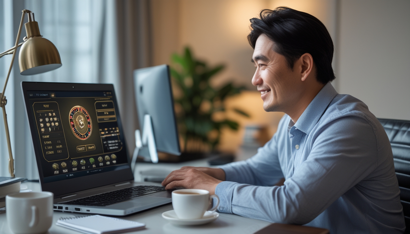 Seorang pria dewasa Asia duduk di meja modern sambil menggunakan laptop untuk bermain baccarat online dalam suasana kantor rumah yang nyaman.