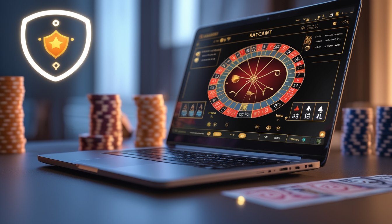 Seorang pria menggunakan laptop dengan tampilan permainan baccarat online di layar, dikelilingi oleh chip kasino dan simbol keamanan.