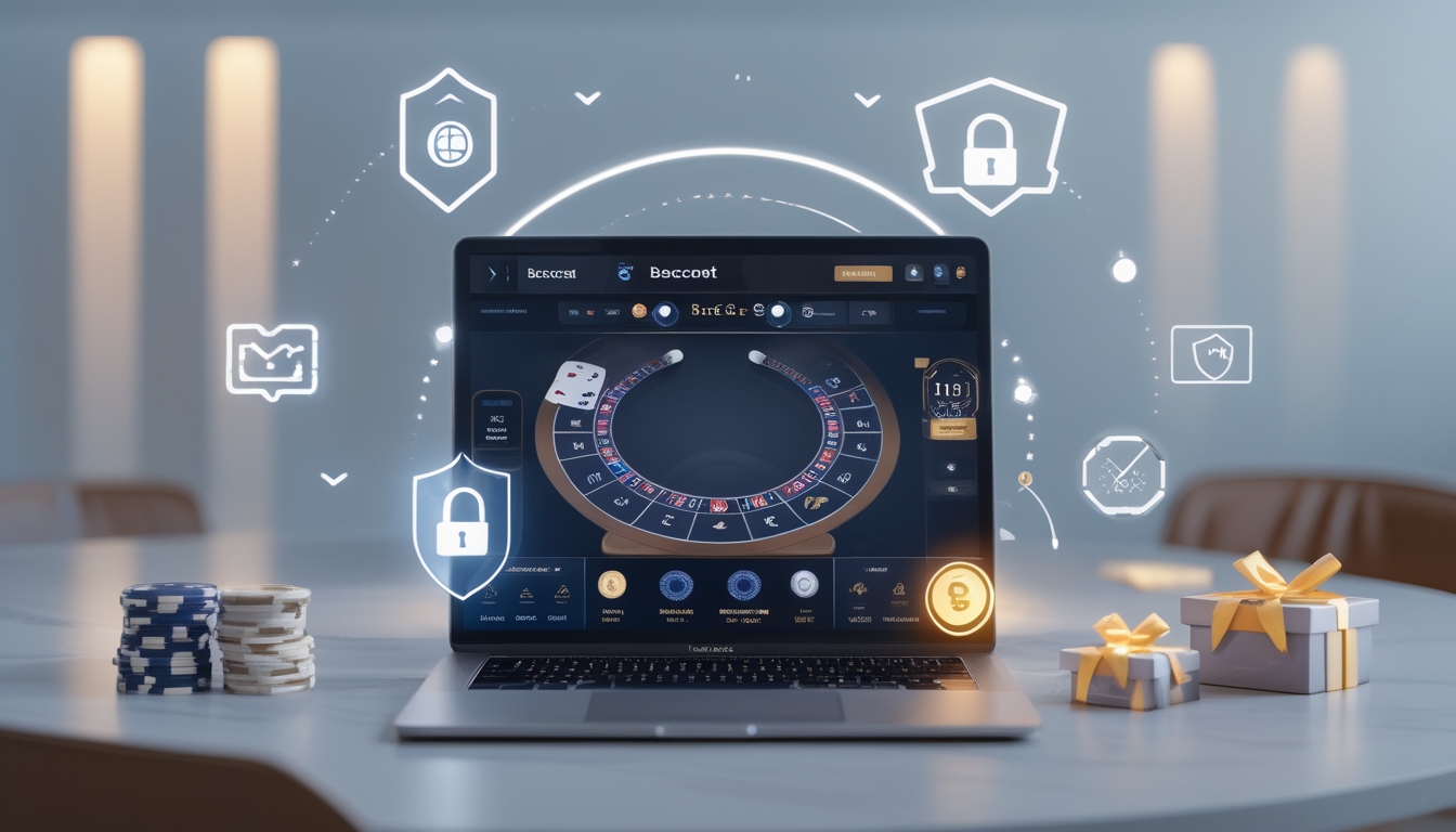 Sebuah komputer menampilkan permainan baccarat online dengan simbol keamanan dan bonus di sekitarnya.