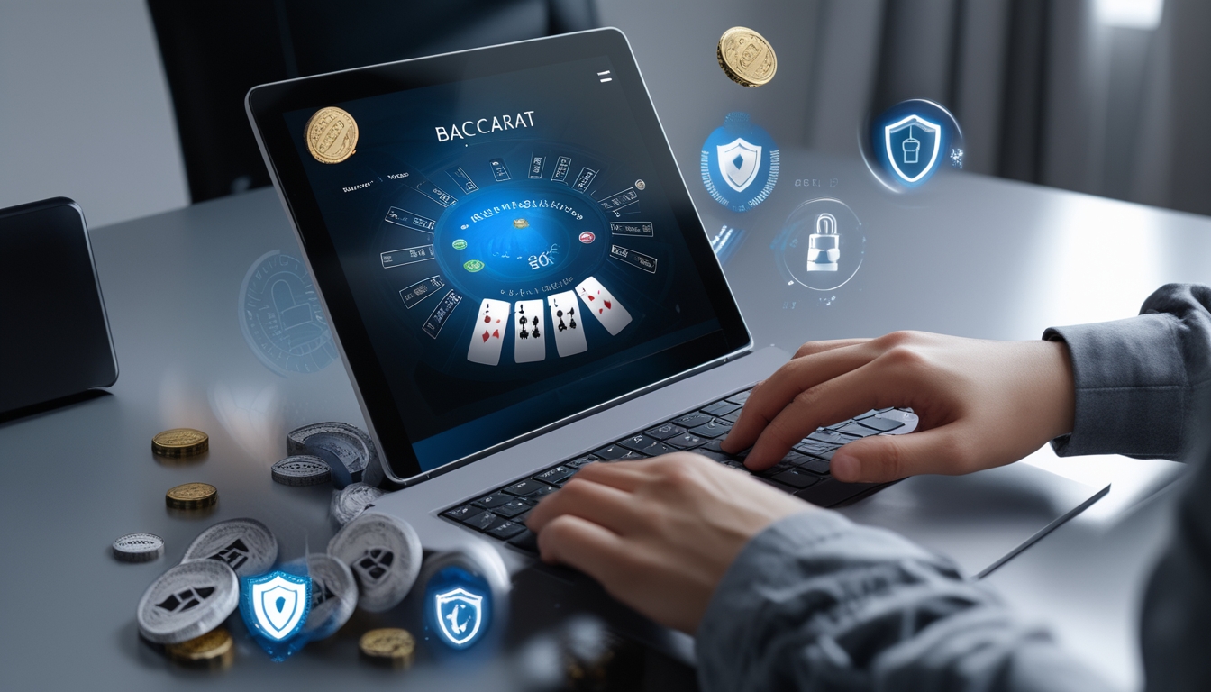 Tangan seseorang menggunakan perangkat digital menampilkan permainan baccarat dengan simbol keamanan di latar belakang.