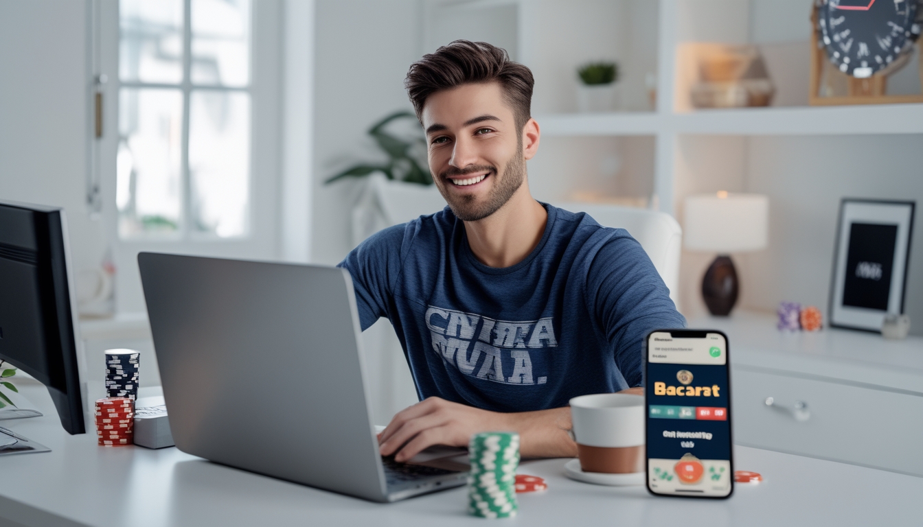 Seorang pria muda duduk di meja dengan laptop yang menampilkan permainan baccarat online, terlihat fokus dan senang dalam suasana ruang kerja yang terang dan rapi.