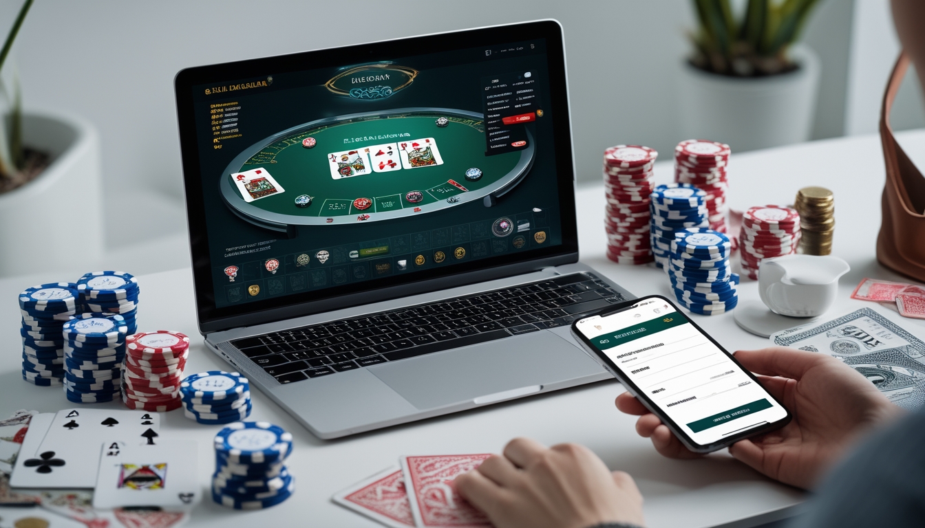 Seorang pemain menggunakan laptop dan smartphone untuk mendaftar dan bermain baccarat online dengan kartu dan chip kasino di meja.