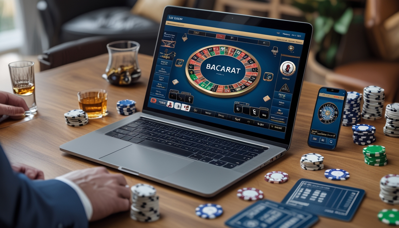 Sebuah laptop modern dengan tampilan permainan baccarat online, dikelilingi oleh chip poker, kartu remi, dan ponsel pintar di meja yang rapi.