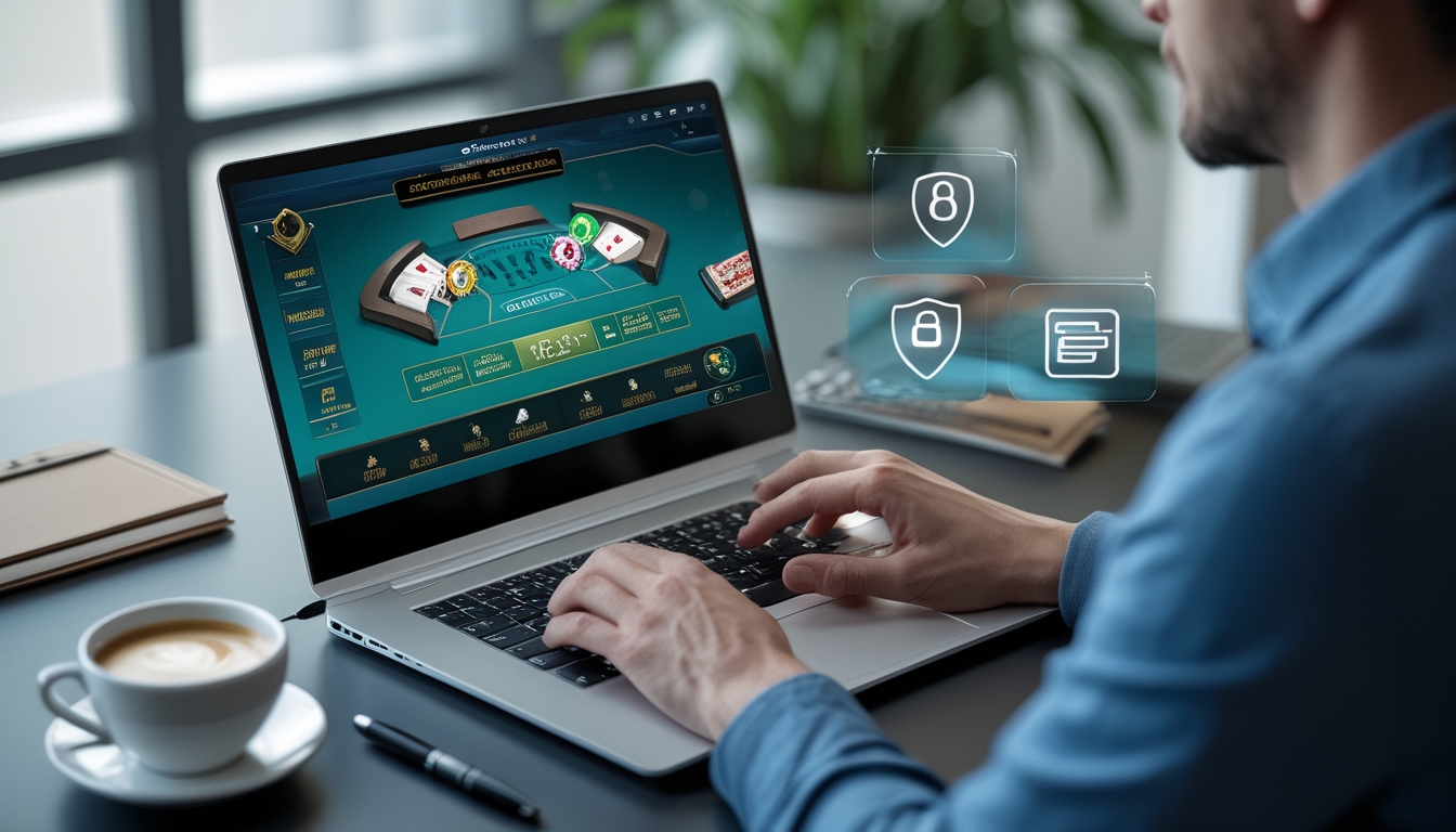 Sebuah laptop menampilkan permainan baccarat online dengan latar ruang kerja yang rapi dan elemen simbol keamanan di sekitarnya.