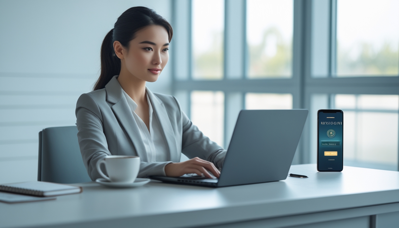 Seorang wanita Asia berpakaian rapi duduk di meja kantor modern menggunakan laptop dengan suasana ruangan yang terang dan rapi.