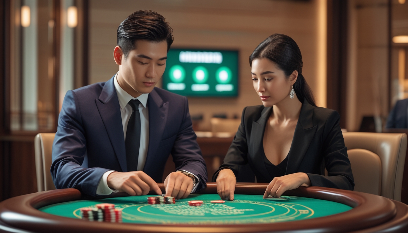 Seorang pria dan wanita Asia duduk di meja baccarat di kasino mewah, fokus bermain dengan suasana aman dan profesional.