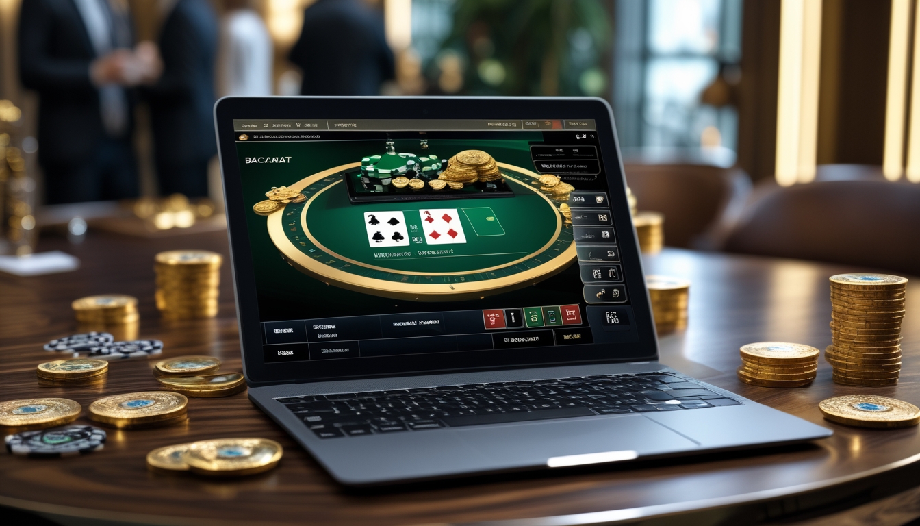 Seseorang sedang bermain permainan baccarat online di perangkat digital dengan tumpukan chip dan koin di meja yang elegan.