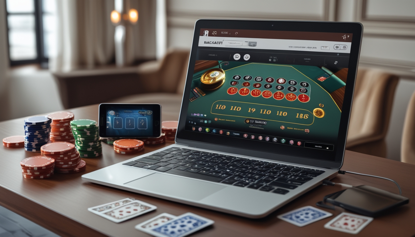 Seseorang bermain permainan baccarat online di laptop dengan kartu dan chip di meja yang rapi dan pencahayaan yang terang.