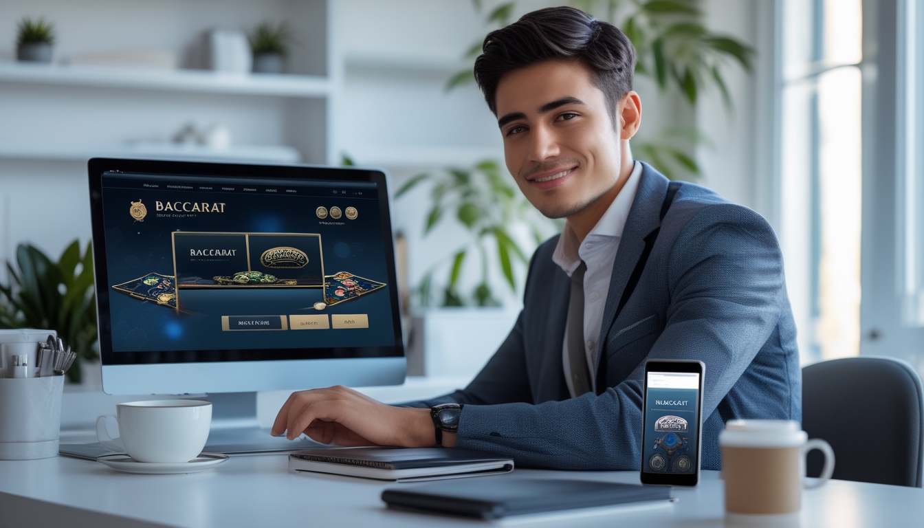 Seorang dewasa muda duduk di meja dengan laptop terbuka menampilkan permainan baccarat online, terlihat fokus dan percaya diri di ruang kerja yang terang dan rapi.
