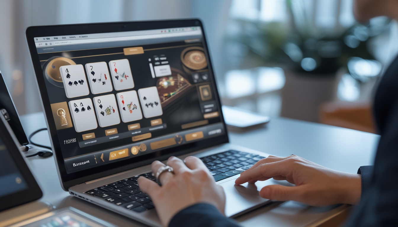 Seorang pengguna sedang bermain baccarat online di laptop dengan suasana ruang kerja yang rapi dan terang.