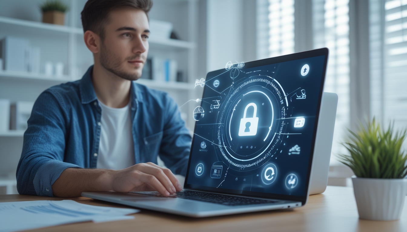 Seorang dewasa muda menggunakan laptop di ruang kerja rumah yang terang, dengan grafik digital yang menunjukkan keamanan dan pembayaran cepat pada layar.