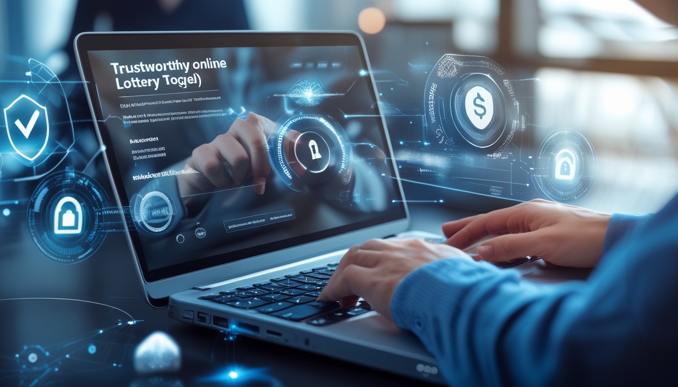 Seseorang menggunakan laptop di meja kerja dengan tampilan antarmuka pembayaran cepat dan ikon keamanan digital di sekitar layar.