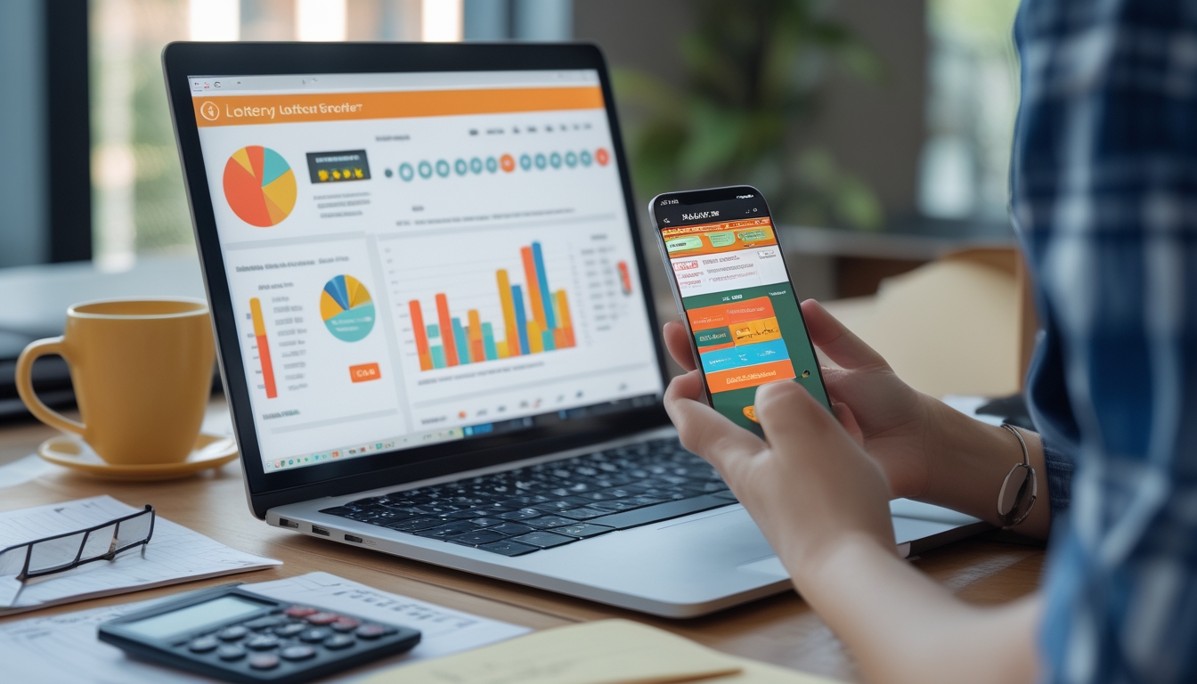 Seorang pria sedang menggunakan laptop dan ponsel di meja kerja dengan catatan dan kalkulator, fokus pada analisis situs togel online.