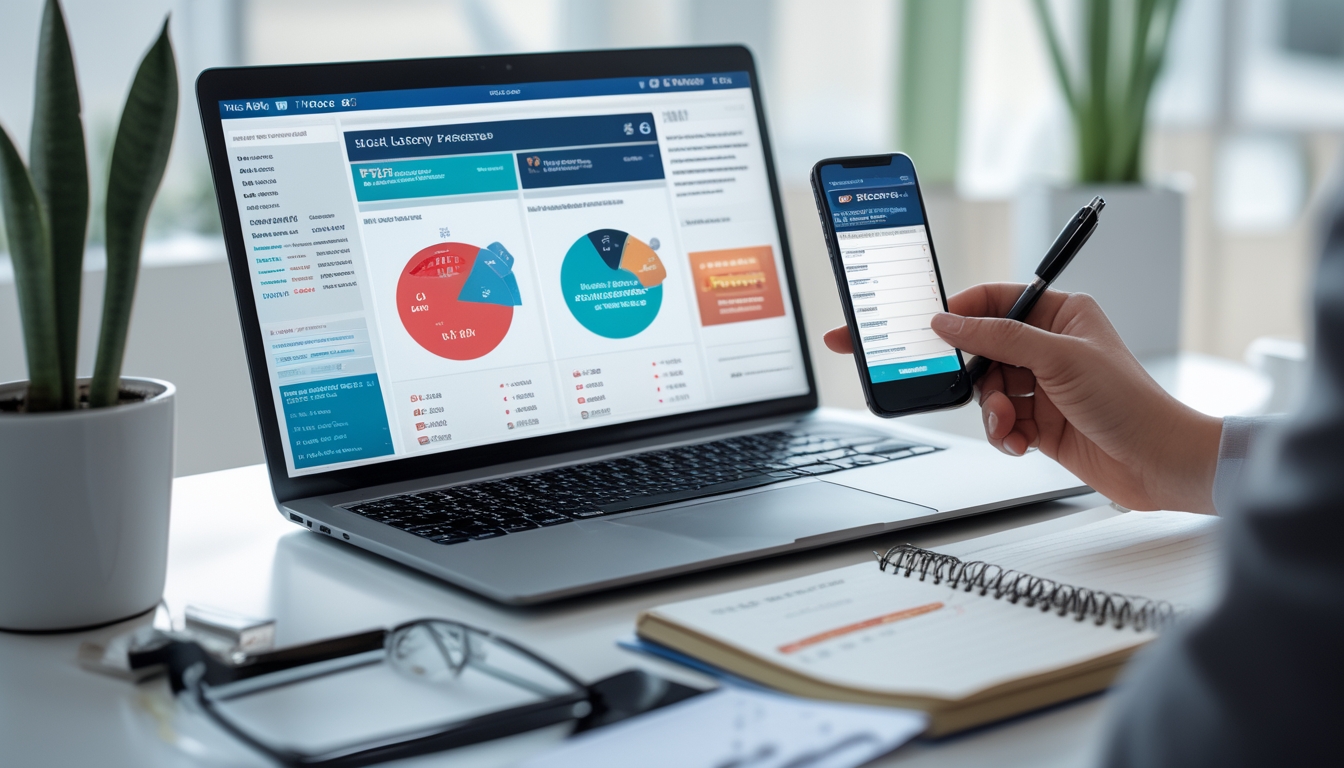 Seseorang sedang bekerja di meja dengan laptop, ponsel, dan catatan, fokus pada evaluasi situs togel online.