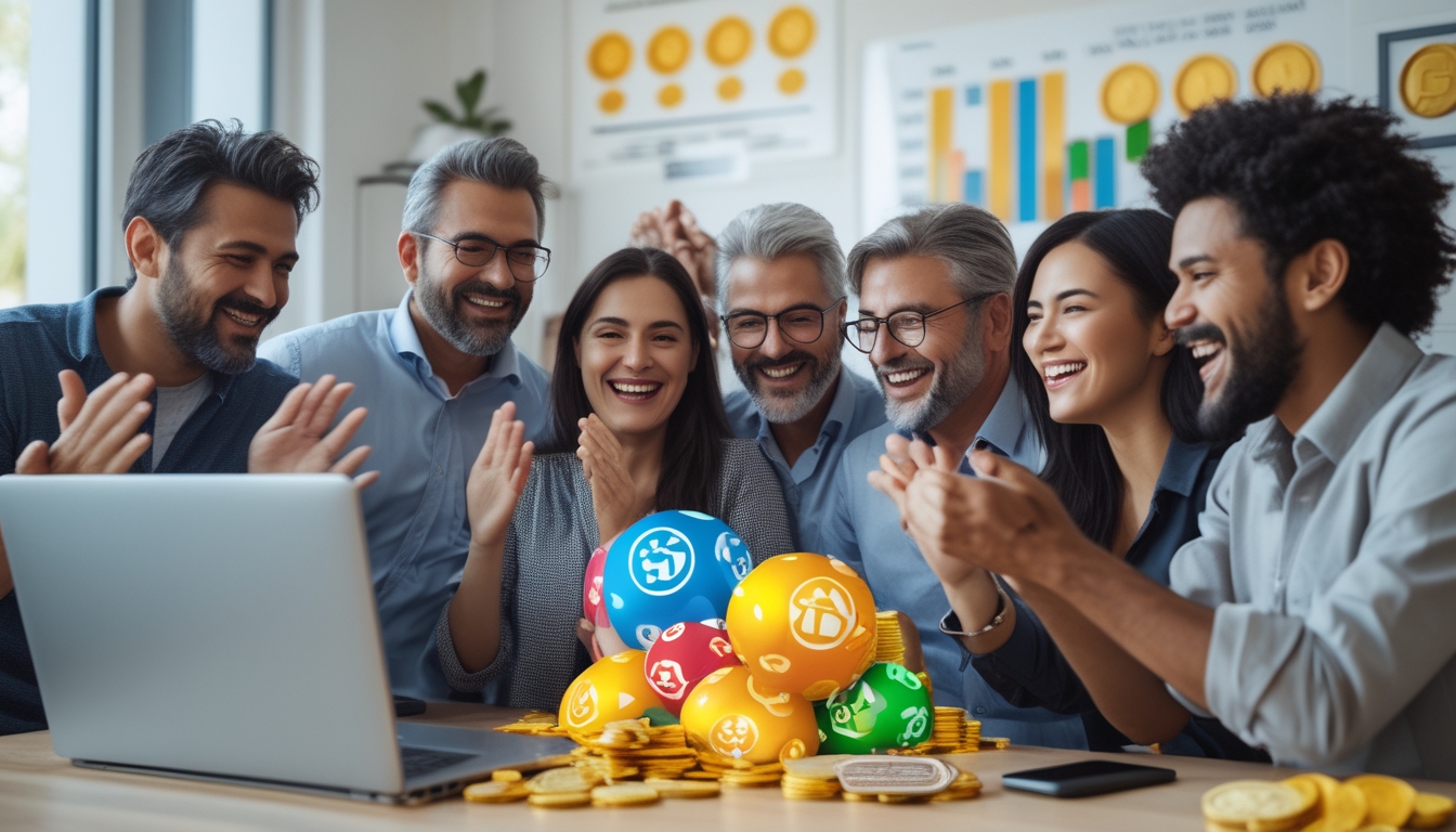 Sekelompok orang bahagia merayakan kemenangan jackpot besar dengan menggunakan laptop dan ponsel di ruangan yang terang dan modern.