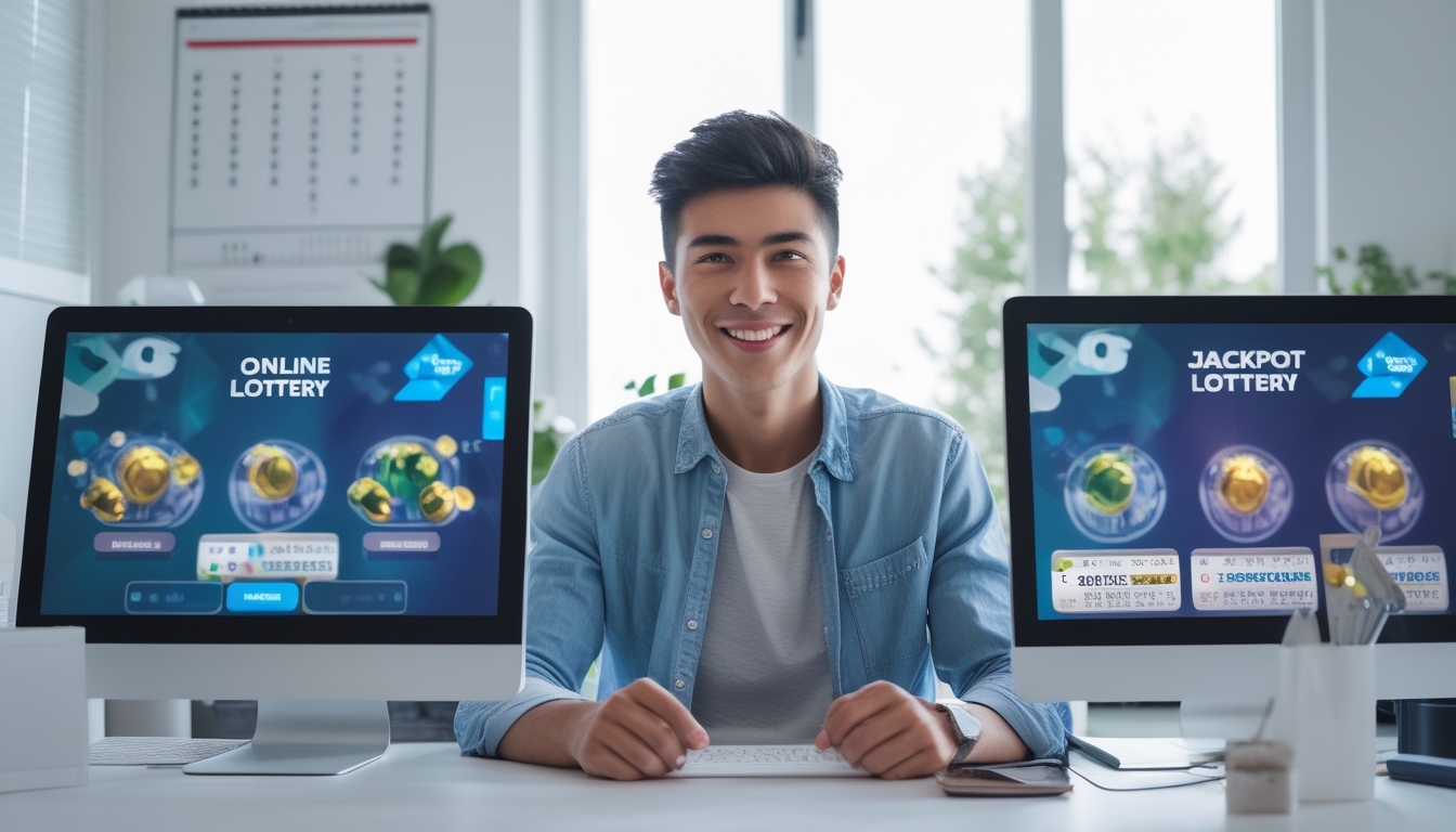 Seorang dewasa muda duduk di meja kerja dengan beberapa perangkat digital yang menampilkan grafik lotere dan jackpot.