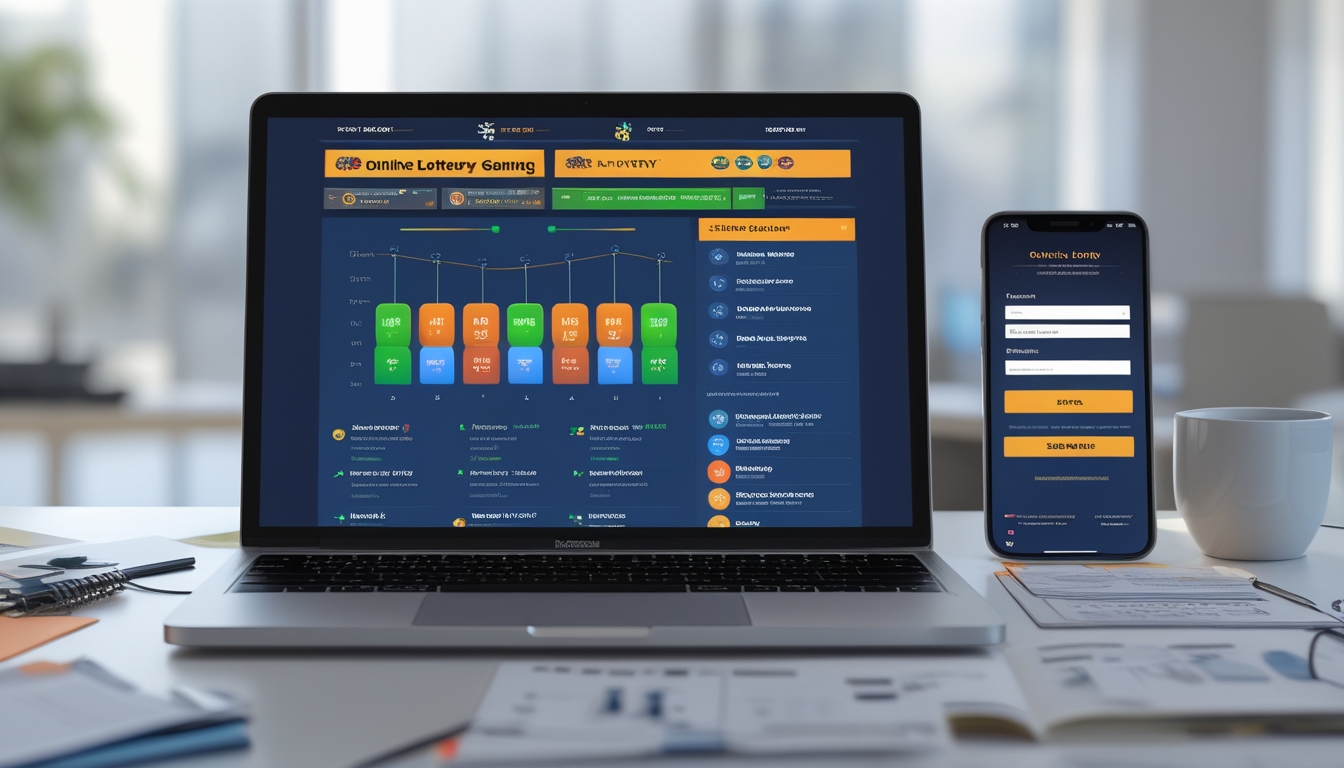 Meja kerja dengan laptop dan ponsel yang menampilkan situs togel online, dilengkapi dengan catatan dan cangkir kopi di ruangan kantor yang terang.